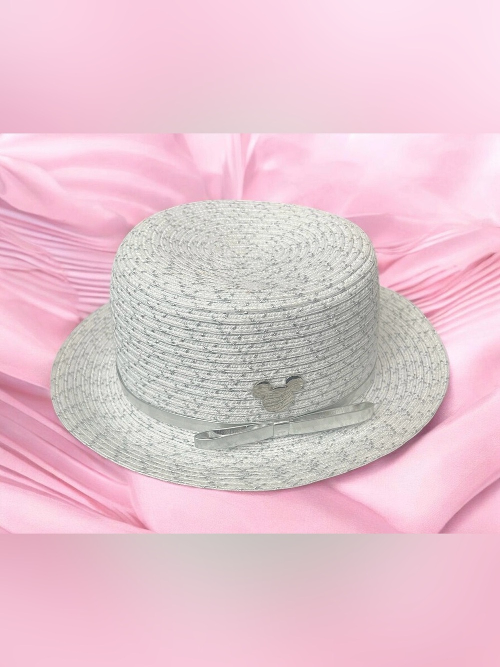 Disney Parks Adult woman's silver straw boater hat featuring Mickey Mouse.